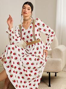 Al Najma Women's Elegant Floral Print V-Neck Arabic Style Dress - White - View 3