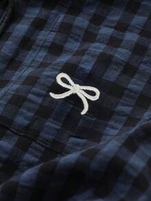 DAZY Young Girl Plaid Print Bow Embroidery Short Sleeve Shirt And Pants Pajama Set, Spring/Summer/Autumn - Navy Blue - View 3