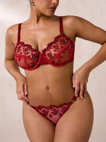 SHEIN BAE Bộ đồ lót và áo ngực gợi cảm màu đỏ anh đào cỡ lớn 2 chiếc, nâng ngực - Màu Đỏ Sâu - Xem 7