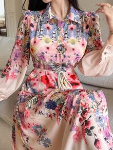 DAZY Đầm in họa tiết cho nữ, cổ ve lật, tay dài, cao cấp, thắt eo, đầm chiffon Pháp sang trọng, đầm dài nữ, đầm hè, đầm hoa cho nữ - Màu be - Xem 6