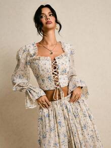 Poéselle Women's Casual Vacation Floral Print Keyhole Neck Ruffle Sleeve Tie Front Crop Top, Spring/Summer - Baby Blue - View 3