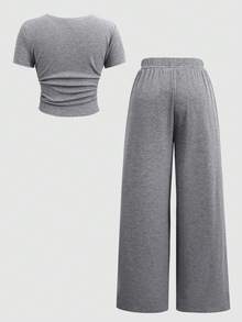 SHEIN 少女星形印花T恤和打底裤两件套，休闲日常时尚百搭 - 灰色 - 查看 2