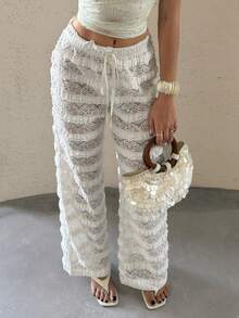 Bluhae Pantalones largos de mujer con encaje jacquard y diseño calado, nueva llegada de primavera/verano - Albaricoque - Ver 5