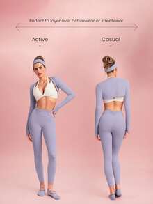 GLOWMODE FeatherFit™ Cropped Limitless Long Sleeve Tank Shrug Top With Thumbhole Low Impact Yoga Pilates Daily Summer - Purple - View 6