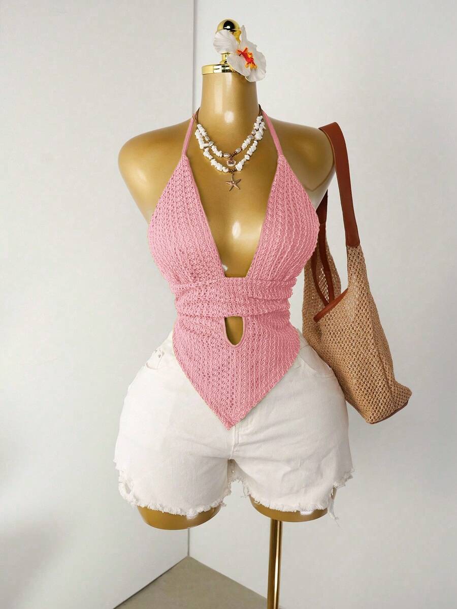 Mistrie Áo croptop mùa hè gợi cảm màu trơn khoét cổ chữ V sâu, dây buộc cổ, áo ngực màu xanh lá cây, ren, hở lưng, thắt nút. - Hồng - Xem 1