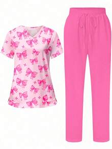 PopScrub Cute Simple Butterfly & Blessing Print V-Neck Scrub Top With Pocket, Short Sleeve Split Hem Nursing Scrub Uniform Set For Women Set Scrub Set Nurse Dresses Scrub Tops Scrub Bottoms Women's V-Neck Short Sleeve Double Pocket Cute Cartoon Animal Pink Heart Rabbit Print Simple Nurse Uniform Set/Doctor Work Uniform Set/ Examination & Surgery Uniform Set/Solid Color Pet Grooming Work Uniform Set/Nutritionist Work Uniform Short Sleeve Set/Functional Multi-Pocket Lab Work Uniform Set - Pink - View 6