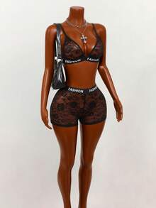 Mistrie 蕾丝边内衣套装 - 性感法式蕾丝吊带文胸 + 中腰短裤两件套，展现迷人魅力 - 黑色 - 查看 6