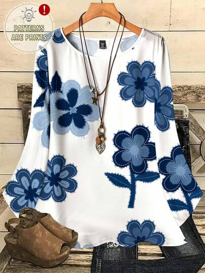 EMERY ROSE 休闲复古优雅通勤百搭保暖蓝色花卉印花大码女式圆领宽松七分袖衬衫，适合夏季穿着