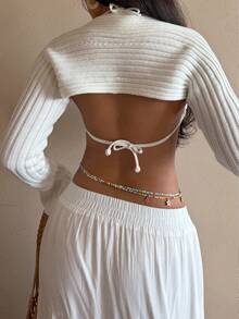 Sunnyshic Women's White Cardigan, Summer Fashionable Minimalist Ribbed Trim Sleeve Cropped Camisole Outerwear - White - View 2