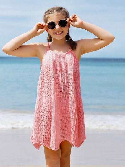 SHEIN Tween Girl Solid Color Hollow Design Camisole Cover-Up Dress, Vacation Tween Girl Swimsuit Cover Up Cute Beach Cover Up Teen Girl Beach Dress Pink Beach Cover Up Tween Girl Beach Dress Cute Beach Dress For Girls Girls Cover Up