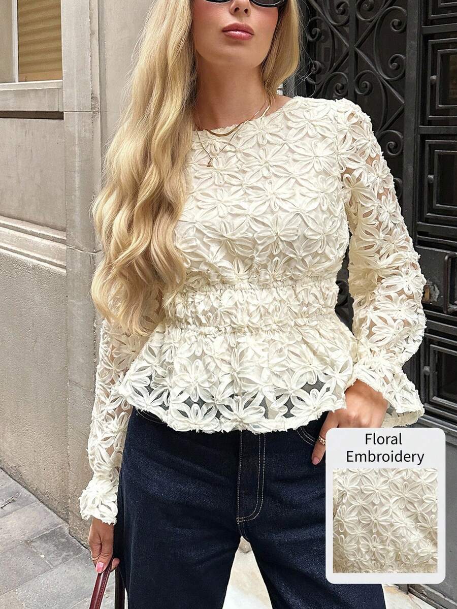 SHEIN Frenchy Women's Elegant French-Style Fitted Waist Solid Color 3D Floral Long-Sleeved Blouse, Spring Women's Clothing, Summer Women's Clothing, Beachwear, Outdoor Top, Women's Elegant Blouse, Women's Vacation Wear, Women's White Top,Valentine Clothes ,Summer Holiday Outfits Resort - Apricot - View 1