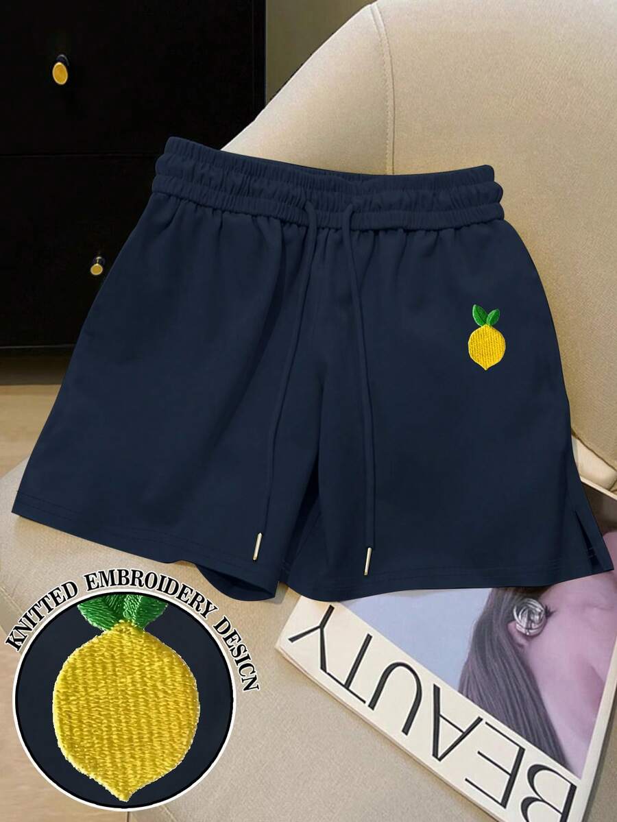 Resyla Women's Navy Blue Bestselling Embroidered Lemon Side Slit Shorts - Navy Blue - View 1