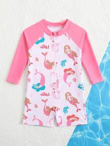 女婴/女童新款长袖连体泳衣，随机印花 - 粉色 - 查看 6