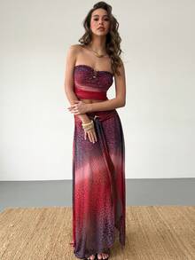 Aloruh Dark Purple Summer Boho Beach Holiday Women's 2 Pieces Skirt Set,Ombre Animal Print Strapless Metal Decor Ruched Top & Low Waist High Slit A-Line Skirt - Multicolor - View 7