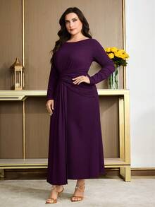 Modelyn Vestido de manga larga de unicolor elegante para mujer de talla grande - Burdeos - Ver 3