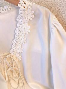GlowEve CURVE Plus Size Women's White Elegant Autumn Party Embroidered Ruffle V-Neck Bow Tie,Lace Trim Cuff Long Sleeve Blouse,Suitable For Commuting Cream Blouses - Apricot - View 7