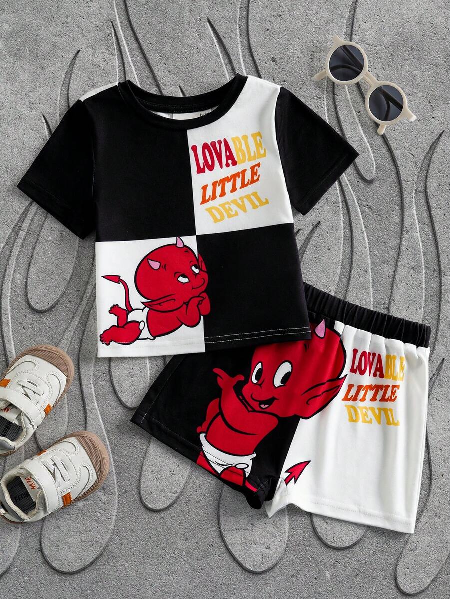 SHEIN HOT STUFF 2pcs Baby Boy Casual Contrast Color Cartoon Print Round Neck Short Sleeve T-Shirt And Shorts Set, Summer - Black and White - View 1