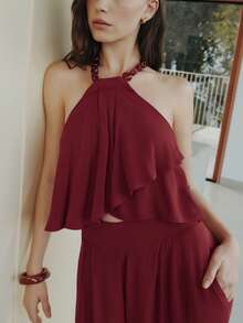 Nöista Jumpsuit With A Halter Neck Top , Detail Stone Beads On Neck, Paired With High-Waisted, Wide-Leg Pants. Spring, Summer, Boho, Festival, Jumpsuit, Total Look, Easter. - Red - View 5