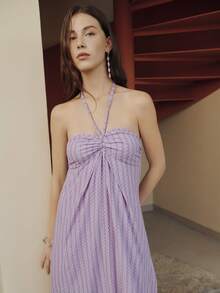 Nöista Lavender Jacquard Midi Dress Features Spaghetti Straps And A Ruched Bodice, Creating A Flattering Silhouette. Spring, Summer, Easter, Women Outfit. - Purple - View 3