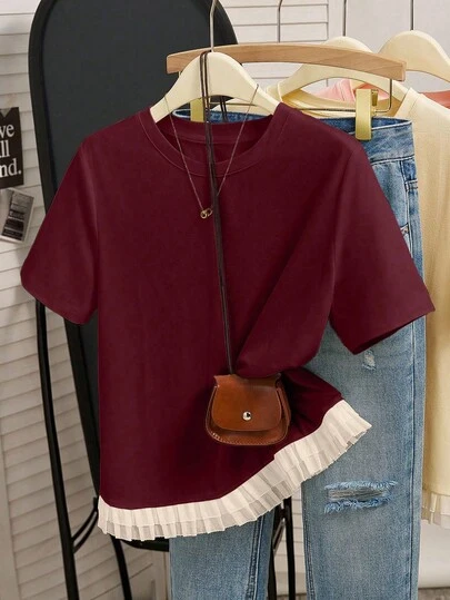 Teen Girls Casual Elegant Lace Hem Coffee Brown T-Shirt