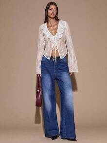 SHEIN BAE 秋冬女士蕾丝性感深V领透视镂空荷叶边长袖上衣，适合圣诞节、万圣节、亡灵节等场合，酒红色蕾丝衬衫，秋冬叠穿女式上衣 - 白色 - 查看 5