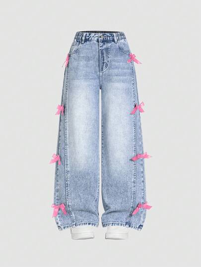 SHEIN ChillGRL Tween Girls Vintage Distressed Flare Jeans, Casual Fashion Personalized Front Ripped Faded Wash Bowknot Wide Leg Snug Fit Versatile All Season Blue Denim Pants