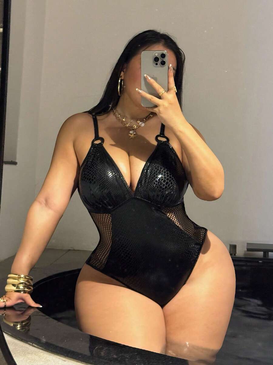 Swim SXY Traje de baño de una pieza talla grande, con textura de piel de serpiente y empalme de malla, estilo sexy europeo y americano - Negro - Ver 1
