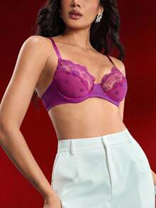 EmpressEnvy Women's Sexy Lace Spaghetti Strap Embroidered Wireless Bra - Purple - View 5