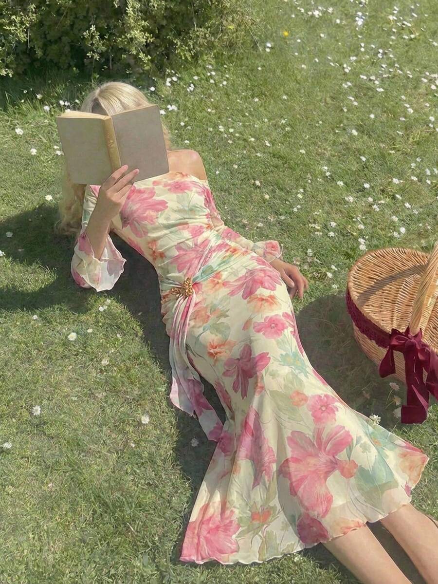 SHEIN MOD Đầm nữ tay bồng lệch vai, nơ và khóa kim loại, trang phục Valentine cho nữ, lễ hội, tiệc cocktail, đi vườn, nghỉ mát, đi biển, mặc hàng ngày, tiệc trà chiều, đầm dạ hội, đầm dự tiệc, đầm sinh nhật. - Nhiều màu - Xem 1