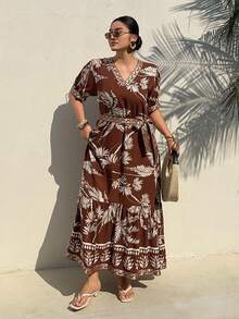 Dazy Plus Đầm maxi tay ngắn cổ chữ V phối màu tương phản cỡ lớn, đầm mùa hè phong cách boho, trang phục đi nghỉ mát cho nữ. - màu nâu - Xem 6