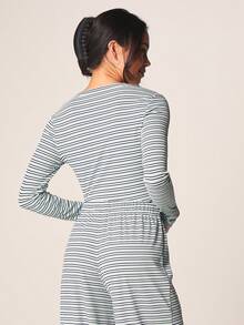 MISSGUIDED Ribbed Striped Long Sleeve Henley Button Up Bodysuit With Round Neck Classic Fitted Comfy Loungewear Essential - Multicolor - View 2