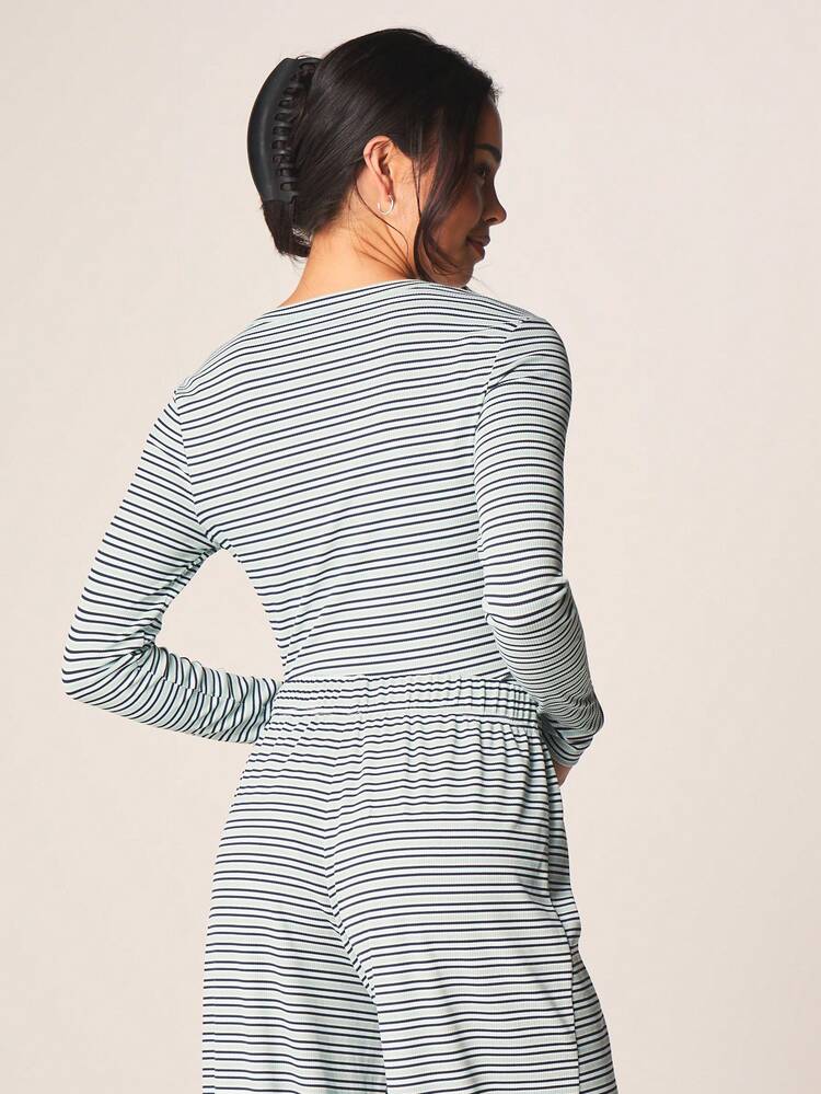 MISSGUIDED Ribbed Striped Long Sleeve Henley Button Up Bodysuit With Round Neck Classic Fitted Comfy Loungewear Essential