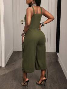 BamGleam Women's Street Fashion Pocket Denim Jumpsuit - Army Green - View 2