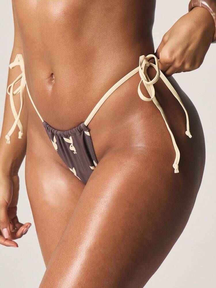 Missguided x Playboy Beach Bandeau Bikini Set With Bunny Print And Ruched Side Tie Bottom Summer Swimwear Two Piece