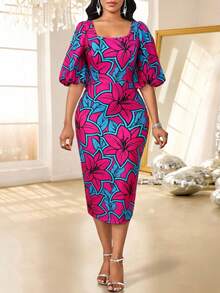 SHEIN Lady 女士撞色印花短袖中长连衣裙 - 彩色 - 查看 3