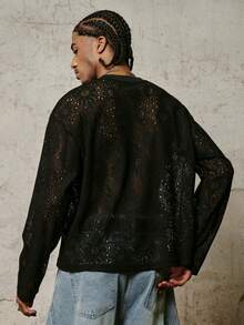 PAVTROS 男士长袖圆领T恤，镂空面料，宽松版型 - 黑色 - 查看 2