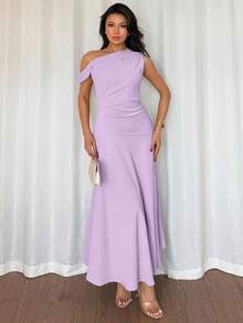 Elenzga Women's Elegant Chiffon Asymmetric Ruffle Collar Dress, Fashionable And Graceful For Summer Occasions Like Graduation, Independence Day, Date, Vacation - Purple - View 5