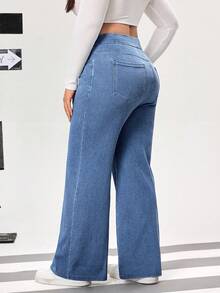 Flexra Plus Size Solid Color High Stretch Casual Straight Leg Versatile Daily Jeans - Blue - View 7