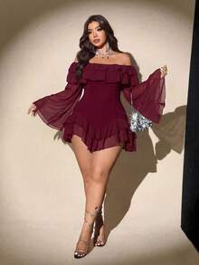 Viva Relle 大码女装春夏新款轻盈雪纺露肩荷叶边修身迷你连衣裙，酒红色。适合时尚休闲聚会、浪漫约会、情人节派对、都市出行、旅行、音乐节和各种浪漫场合。优雅女士连衣裙。 - 酒紅色 - 查看 5