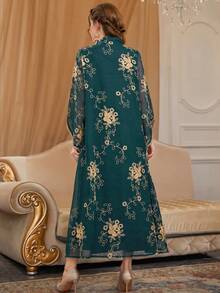 SHEIN Najma 奢华复古风刺绣拼接串珠装饰女士宽松长袖时尚连衣裙 - 水鴨藍 - 查看 2