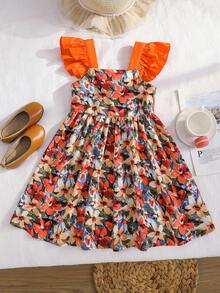 SHEIN 女童雪纺碎花方领荷叶边下摆休闲连衣裙 - 橘色 - 查看 7