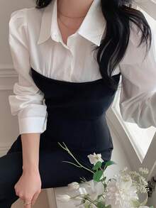 DAZY Chemisier élégant et formel pour femmes, à manches longues, avec patchwork et couleurs contrastées. Convient pour le printemps et l'automne - Blanc - Voir 6