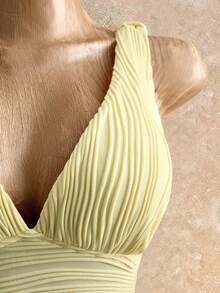 Mistrie Women's Yellow Ruched V-Neck Tie Shoulder Bodycon Mini Dress - Summer Casual/Sexy Party Outfit - Light Yellow - View 3