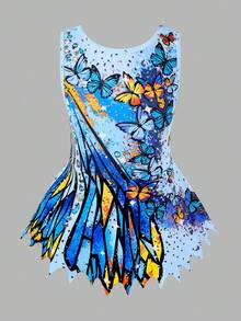 SHEIN 女童无袖印花体操服，舒适亲肤，贴身设计防止走光，适合艺术体操、学校舞蹈比赛等场合，四季皆宜，玫瑰红，圣诞节日图案，蝴蝶印花体操服 - 彩色 - 查看 6