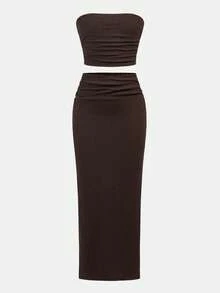 SHEIN 少女粉色碎花修身休闲舒适优雅背心和中长裙两件套 - 棕色 - 查看 2