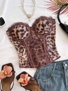 Soleia Women's Leopard Print Lace Patchwork Fitted Camisole Top,Vacation Outfits, Beach Outfits, Summer, Tropical Outfits, Cute And FunRetro Outfits, Carnival - Multicolor - View 1