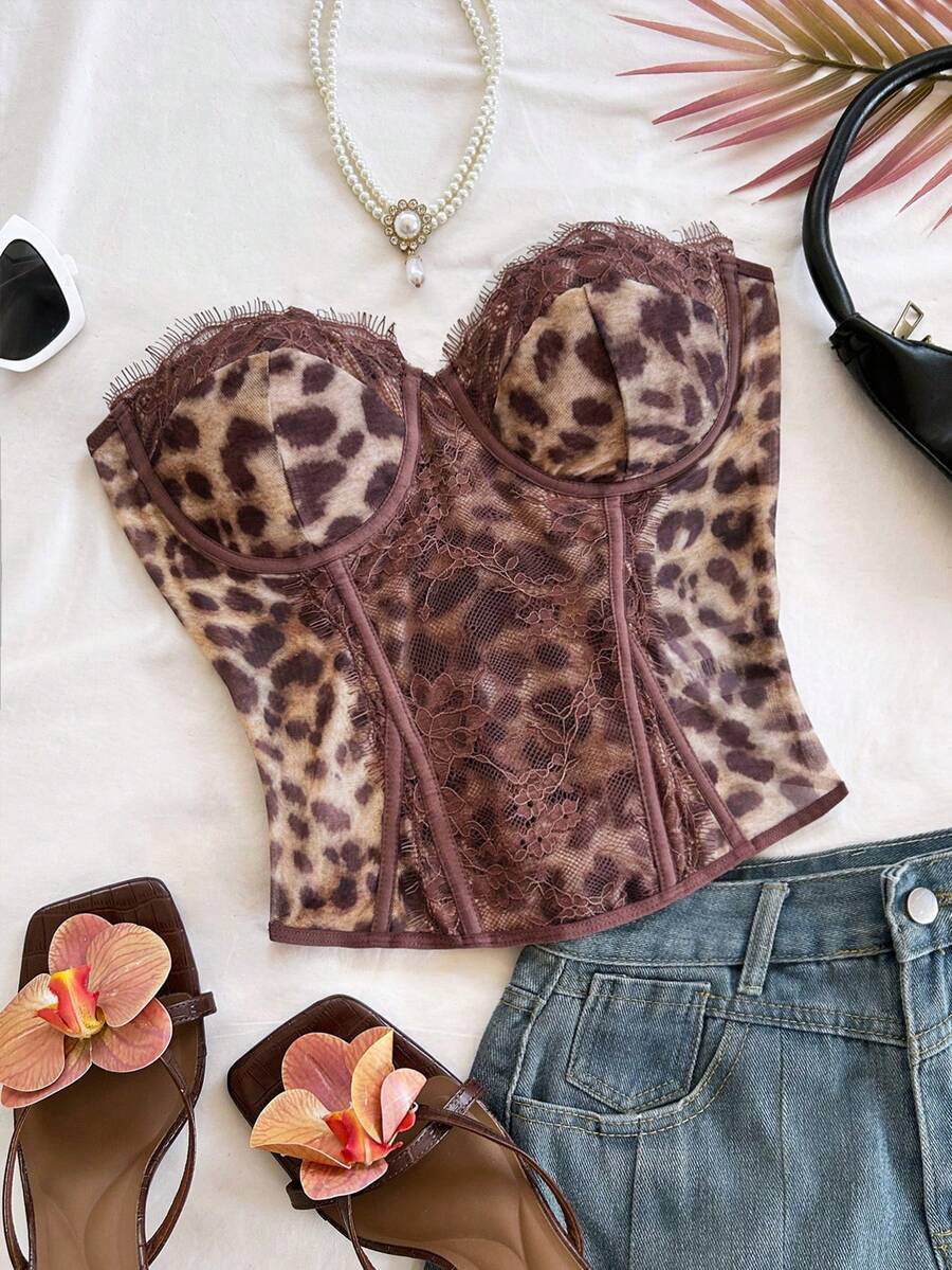 Soleia Women's Leopard Print Lace Patchwork Fitted Camisole Top,Vacation Outfits, Beach Outfits, Summer, Tropical Outfits, Cute And FunRetro Outfits, Carnival - Multicolor - View 1