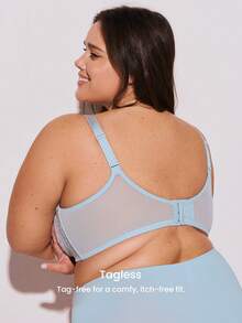 LUVLETTE Plus Woman Blue Lingerie Full Coverage Side Support&Breathable Underwire Sexy Unlined Lace & Mesh Sheer Minimizer Bra - Blue - View 4