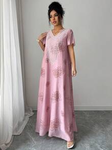 Al Najma Vestido holgado de estilo árabe con cuello en V elegante y minimalista, aplicación y volante único en el bajo - Rosa - Ver 3