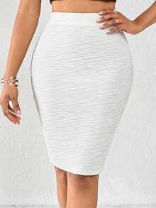 SHEIN Lady 女士纯色纹理面料修身简约设计百搭半身裙 - 米色 - 查看 7